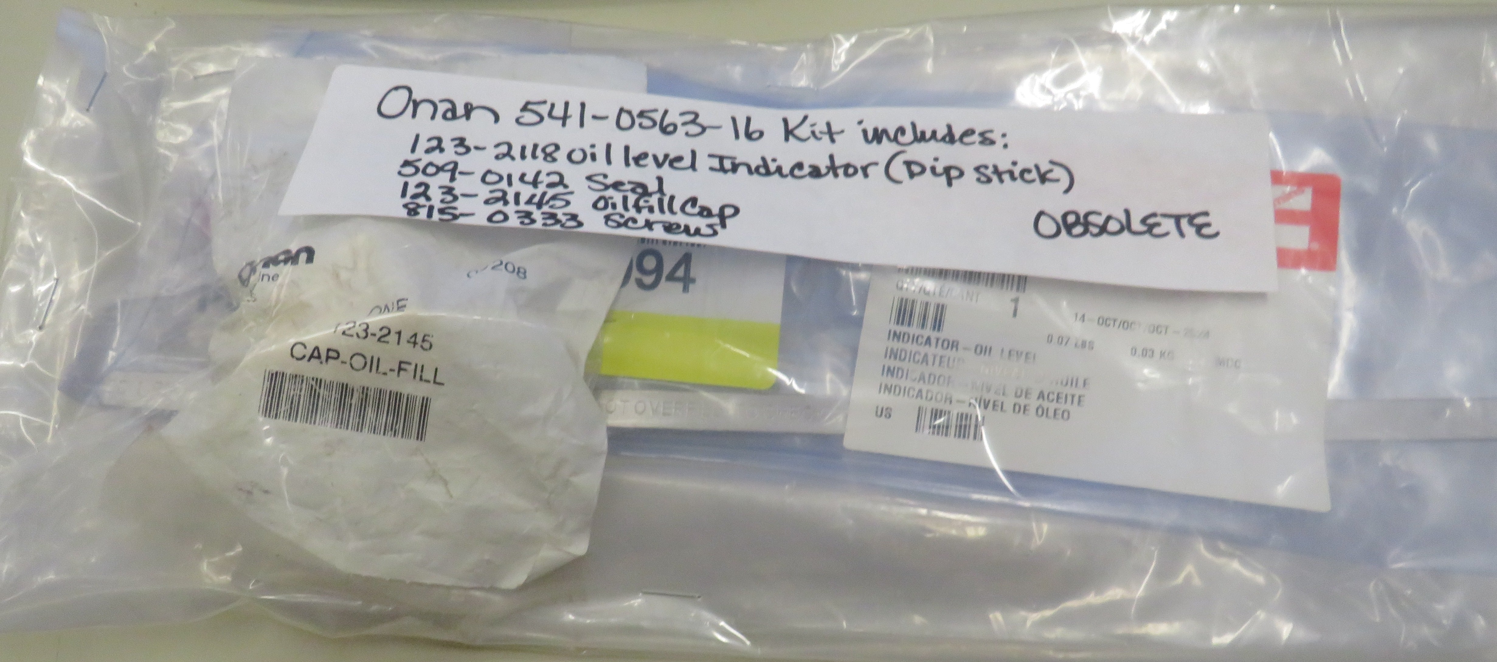 541-0563-16 Kit includes 123-2118 Onan Oil Level Indicator (Dip Stick) and 509-0142 Seal 1/10/2025 THIS PART IS IN STOCK 1/10/2025