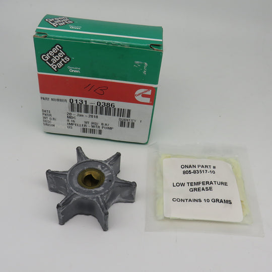 131-0386 Onan Impeller with Grease replaces 131-0218 & 131-0487 uses gasket #131-0210 Please Note Gasket is NOT included 3/7/2025 THIS PART IS IN STOCK 3/7/2025