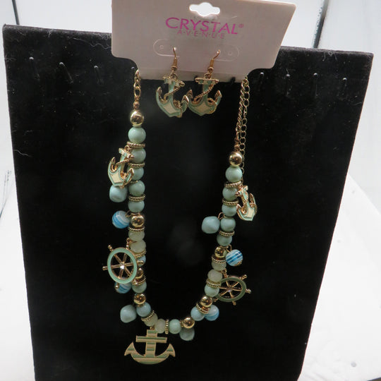 Nautical Gold Green Blue & White Anchor & Ships Wheel Beaded Necklace & Earring Set 12/17/2024 THIS ITEM IS IN STOCK 12/17/2024