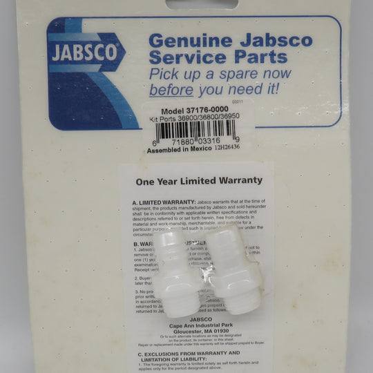 37176-0000 Jabsco Par Port Kit Fits Pump models 36800, 36900, 36950, 36970 Series 11/21/2024 THIS PART IS IN STOCK 11/21/2024