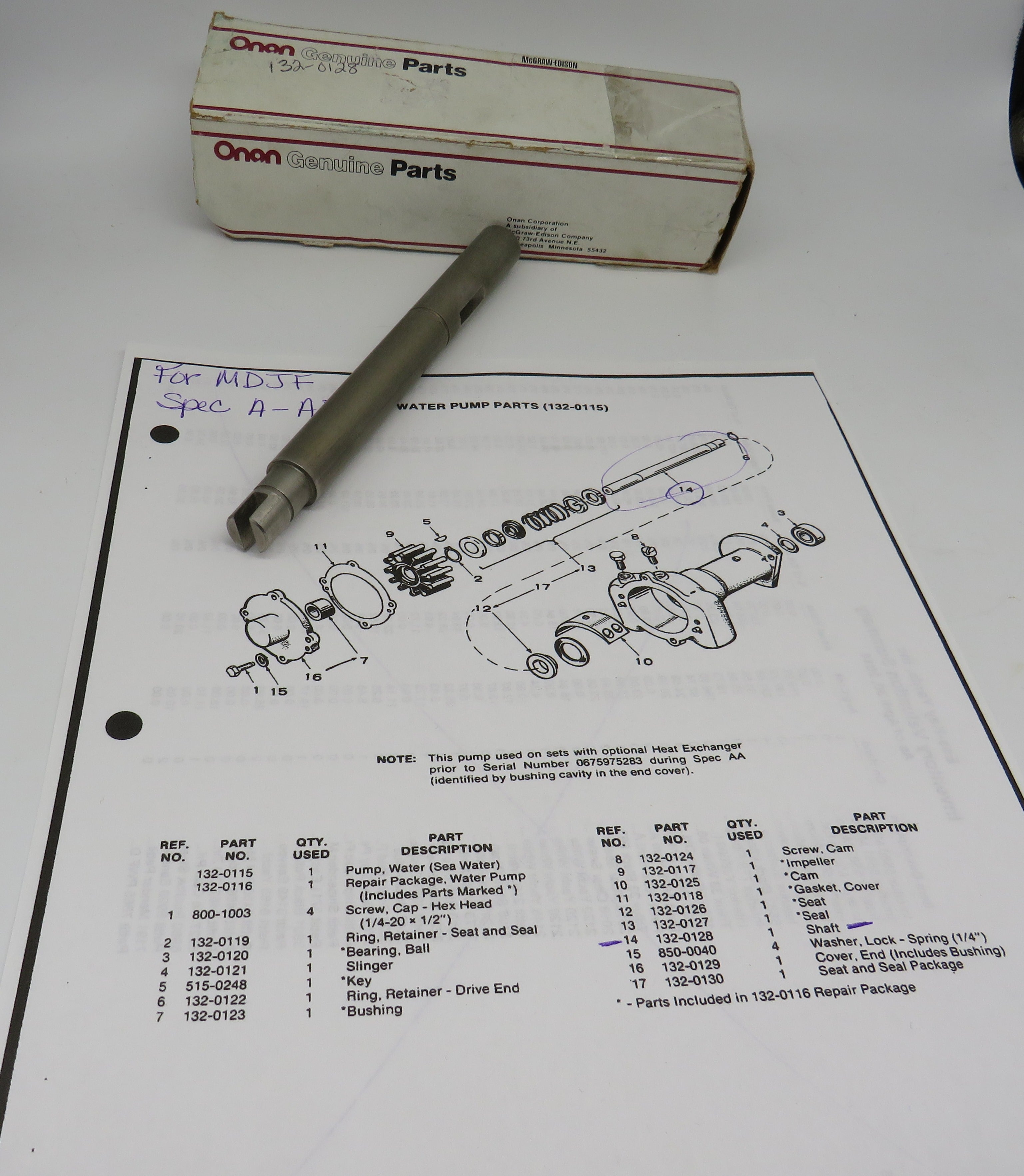 132-0128 Onan Shaft (OBSOLETE) Used on Water Pump 132-0251 & 132-0115; Also Sherwood 11409A For MDJF 15 KW 3/5/2024 THIS PART IS IN STOCK 3/5/2024