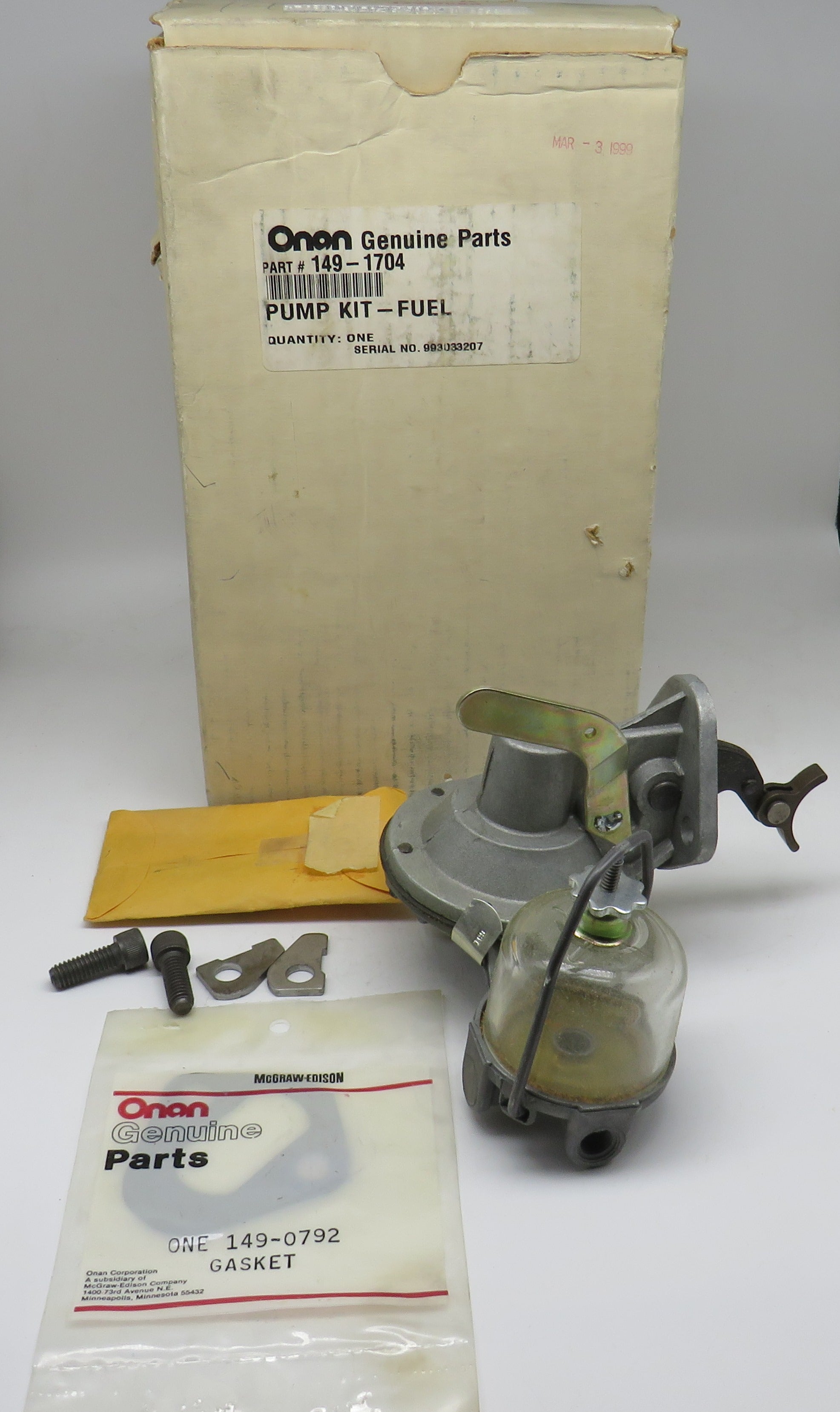 149-1704, 149-1790, 149-1003 & 149-1020 Onan Fuel Pump Series DJC (OBSOLETE) Includes Gasket 149-0792 & (2) Fuel Pump Washers 149-1307 8/14/2024 THIS PART IS IN STOCK 8/14/2024